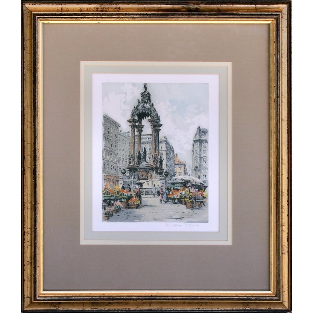 Hans Figura Paris Flower Market Etching, NL Nachless, Framed, Mid Century